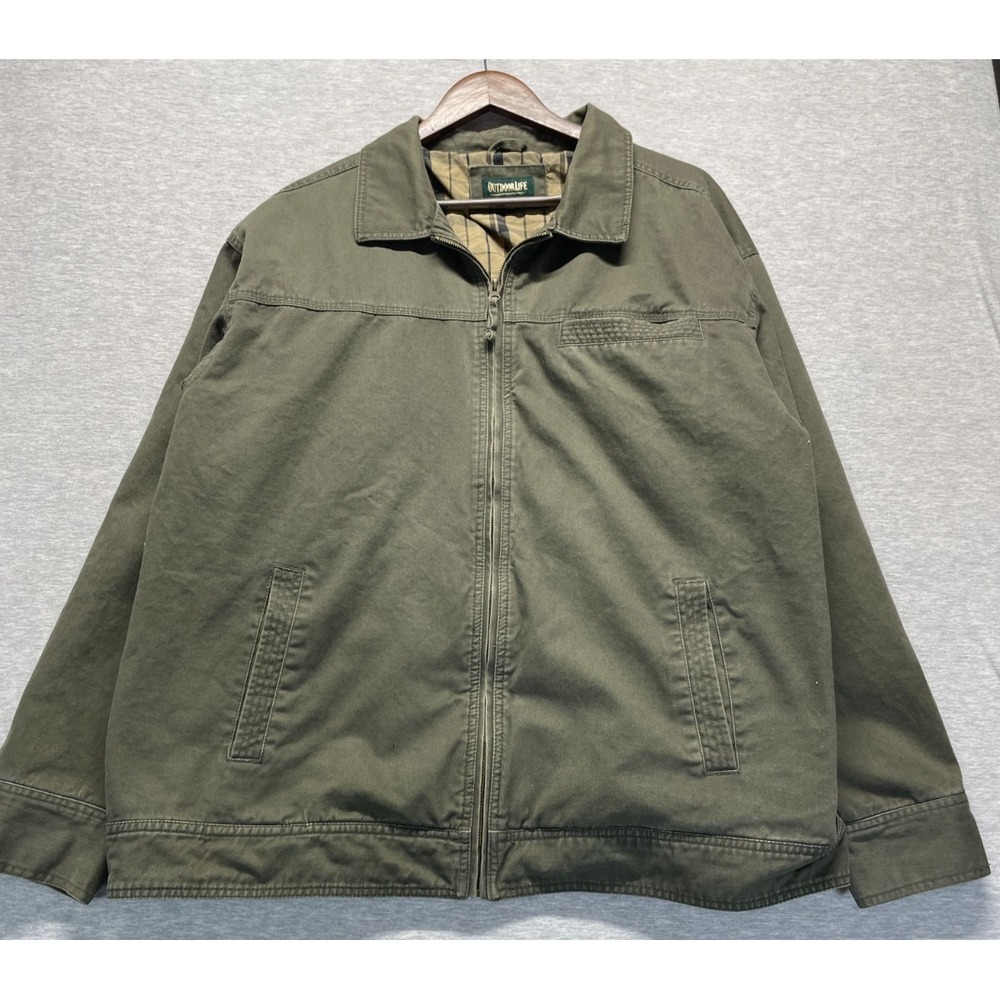 Outdoor Life Work Jacket Mens 2XL Olive Green Cotton Canvas Plaid Lined Full Zip